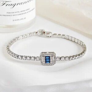 Solid Silver 1ct Blue Sapphire 2ct Diamond Tennis Bracelet Princess Cut Jewelry